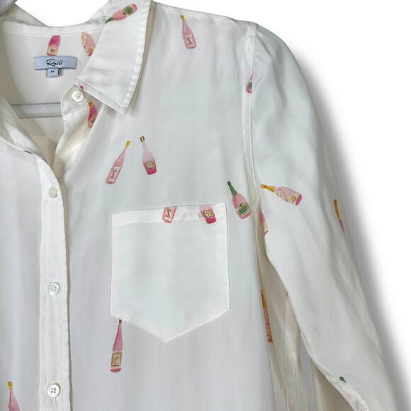 Rails Kate Rosé Print Silk Button Down Long Sleeve High-Low Hem Shirt Medium - Picture 4 of 8